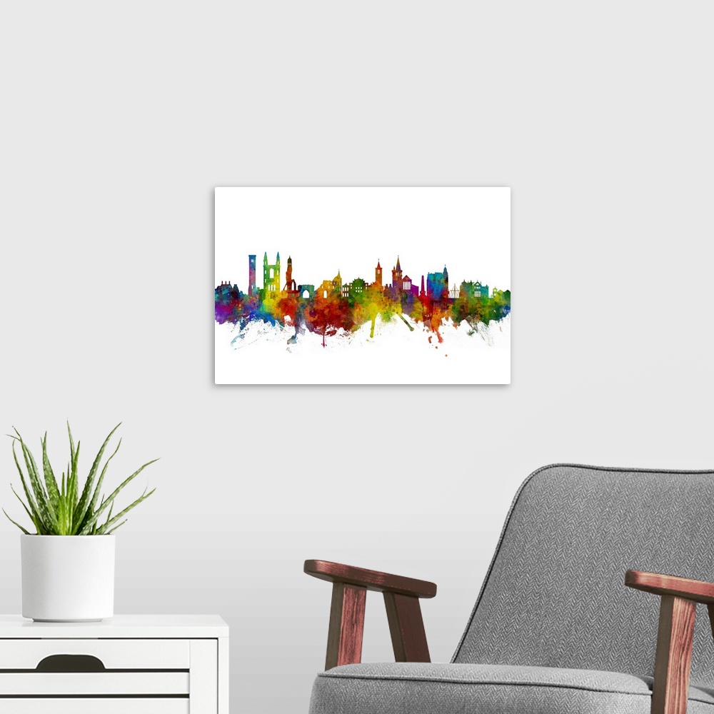 A modern room featuring Watercolor art print of the skyline of St Andrews, Scotland, United Kingdom.