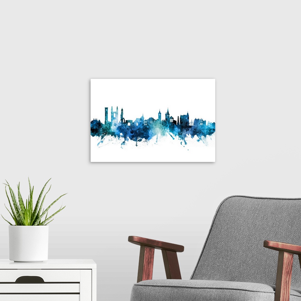 A modern room featuring Watercolor art print of the skyline of St Andrews, Scotland, United Kingdom.
