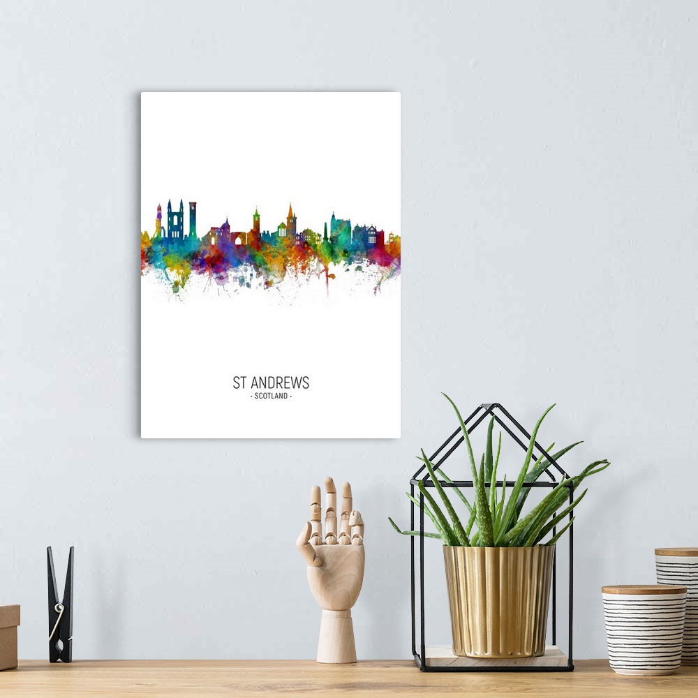 A bohemian room featuring Watercolor art print of the skyline of St Andrews, Scotland, United Kingdom