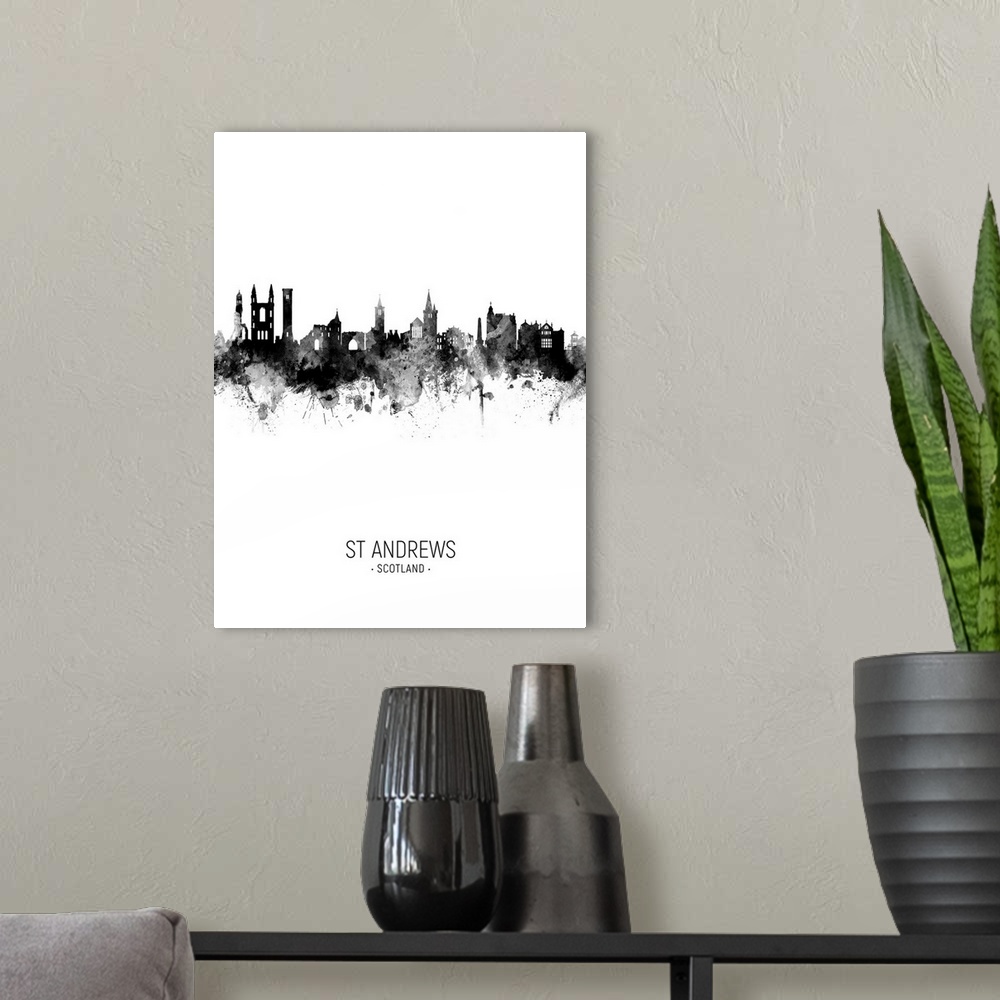 A modern room featuring Watercolor art print of the skyline of St Andrews, Scotland, United Kingdom