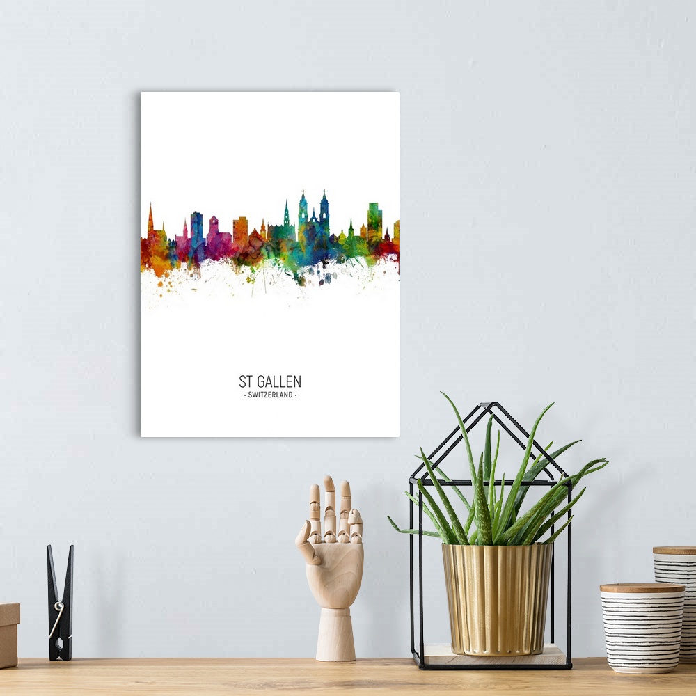 A bohemian room featuring Watercolor art print of the skyline of St Gallen, Switzerland