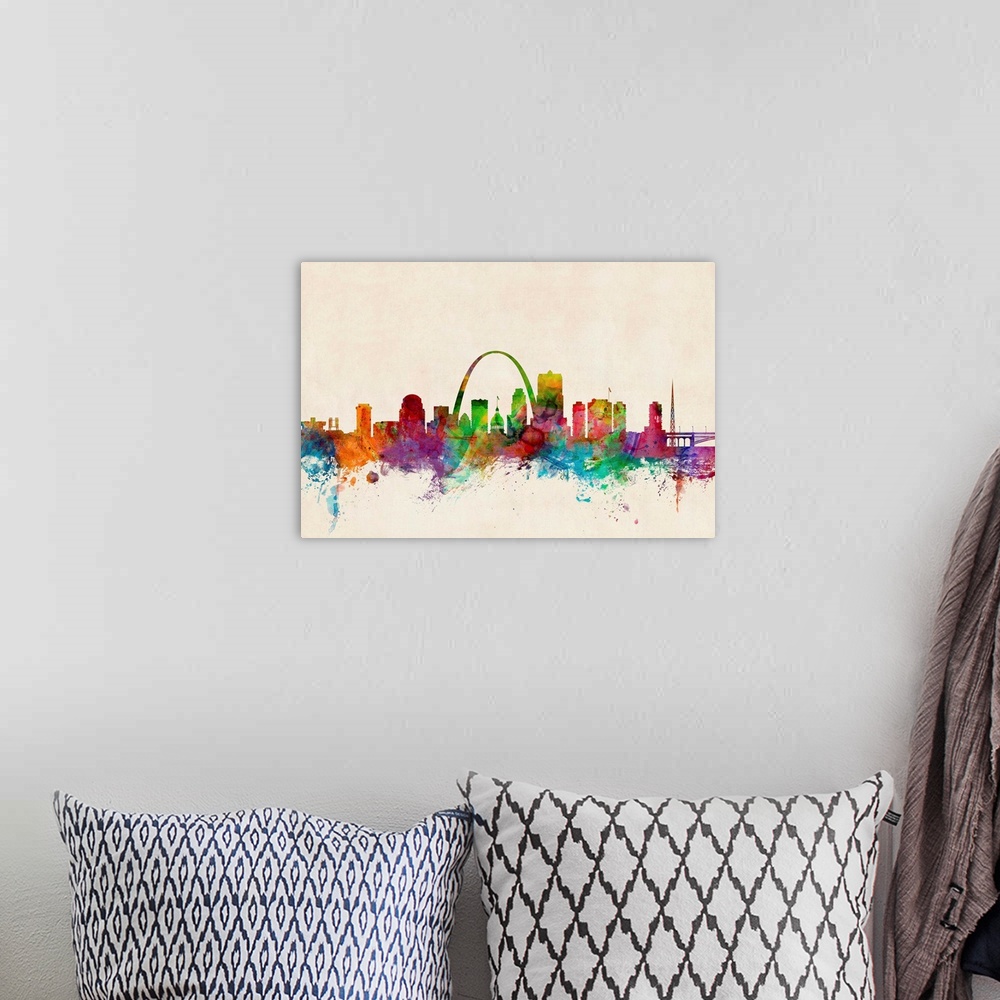 A bohemian room featuring Contemporary piece of artwork of the St Louis skyline made of colorful paint splashes.