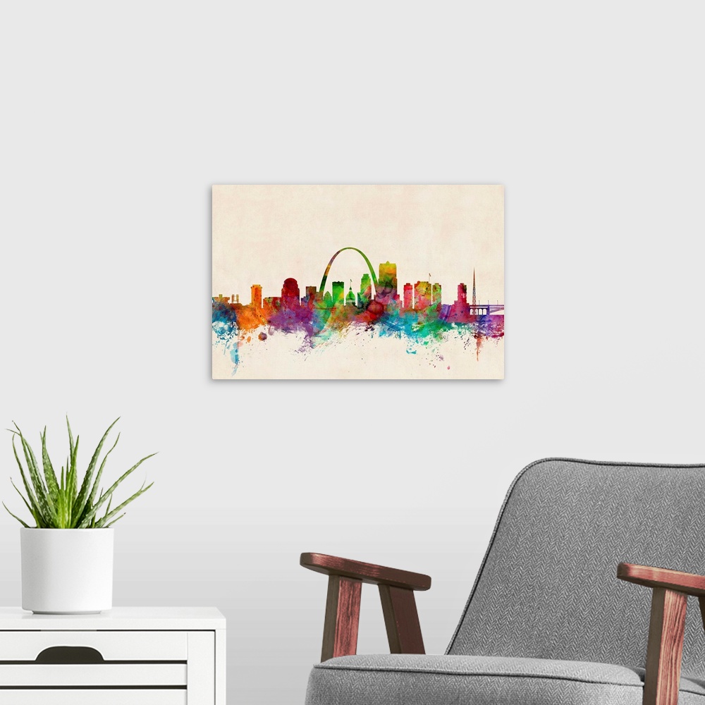 A modern room featuring Contemporary piece of artwork of the St Louis skyline made of colorful paint splashes.