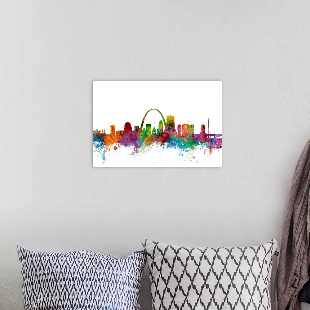 A bohemian room featuring Watercolor artwork of the St Louis skyline against a white background.