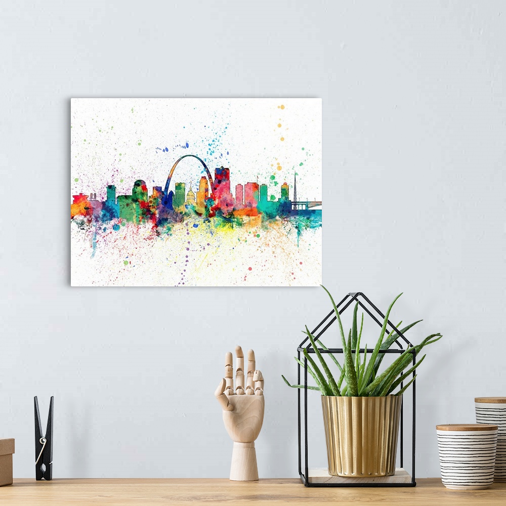 A bohemian room featuring Wild and vibrant paint splatter silhouette of the St Louis skyline.