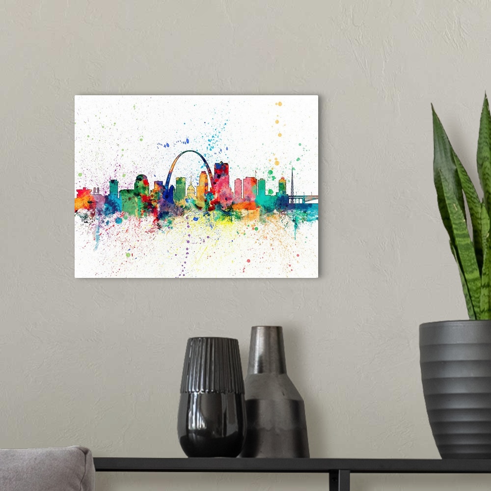 A modern room featuring Wild and vibrant paint splatter silhouette of the St Louis skyline.