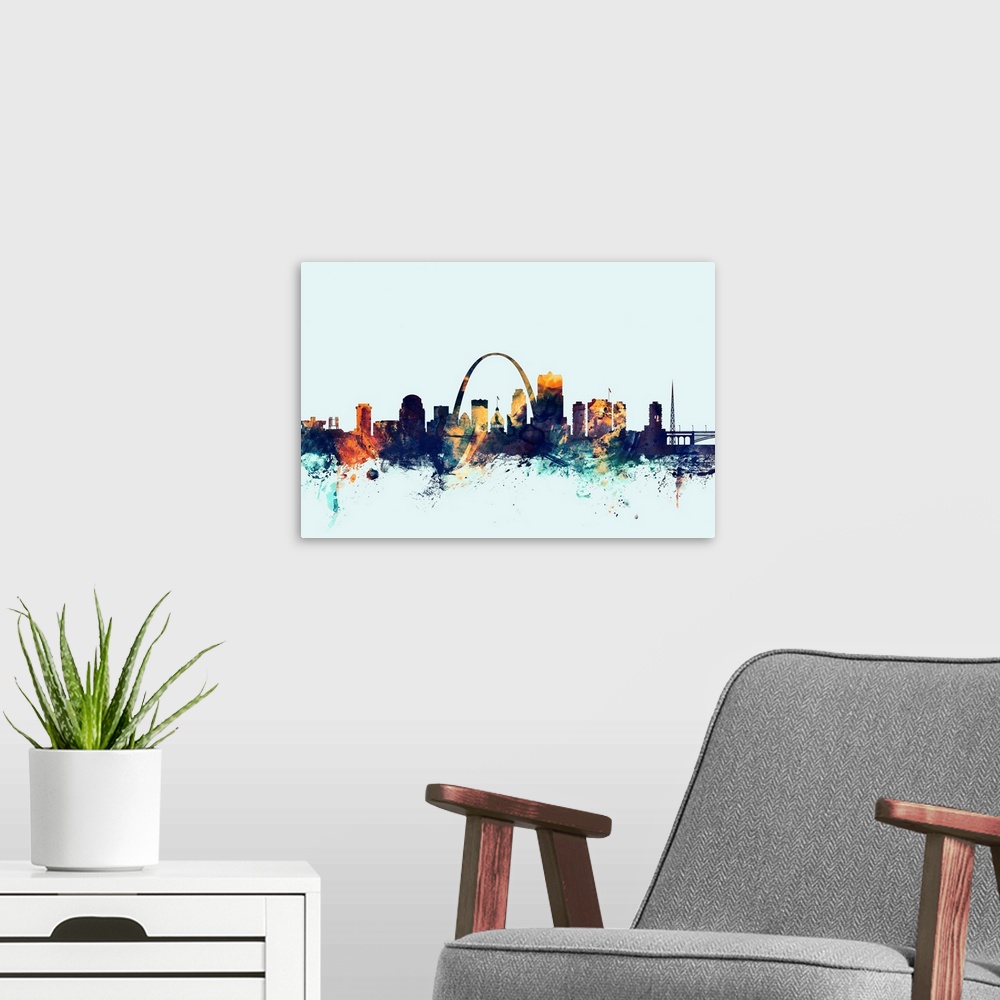 A modern room featuring Watercolor art print of the skyline of St Louis, Missouri, United States.