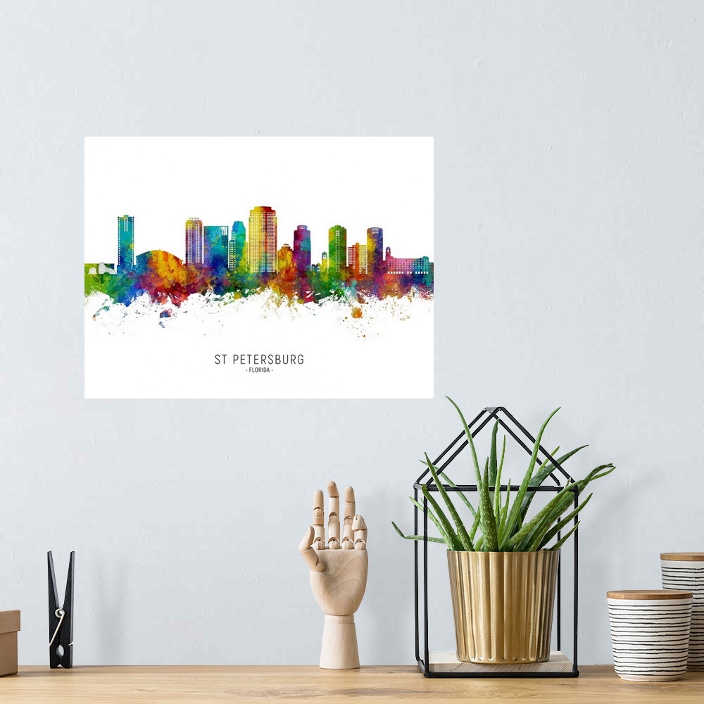 A bohemian room featuring Watercolor art print of the skyline of St Petersburg, Florida