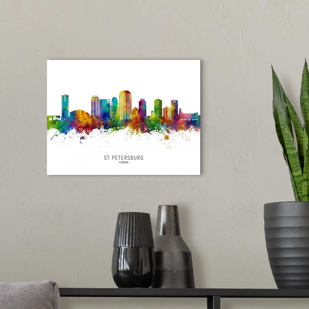 A modern room featuring Watercolor art print of the skyline of St Petersburg, Florida