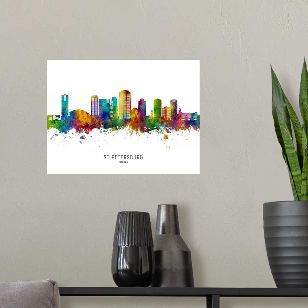 A modern room featuring Watercolor art print of the skyline of St Petersburg, Florida