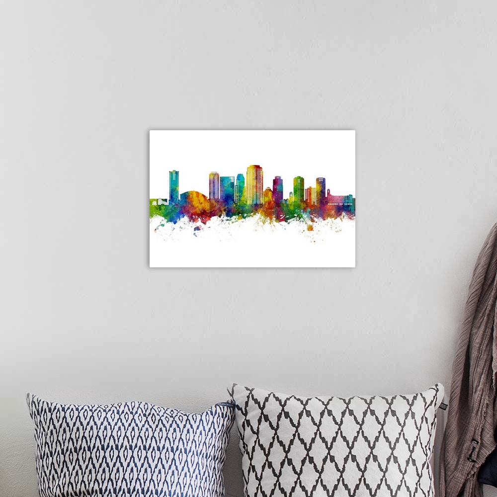 A bohemian room featuring Watercolor art print of the skyline of St Petersburg, Florida