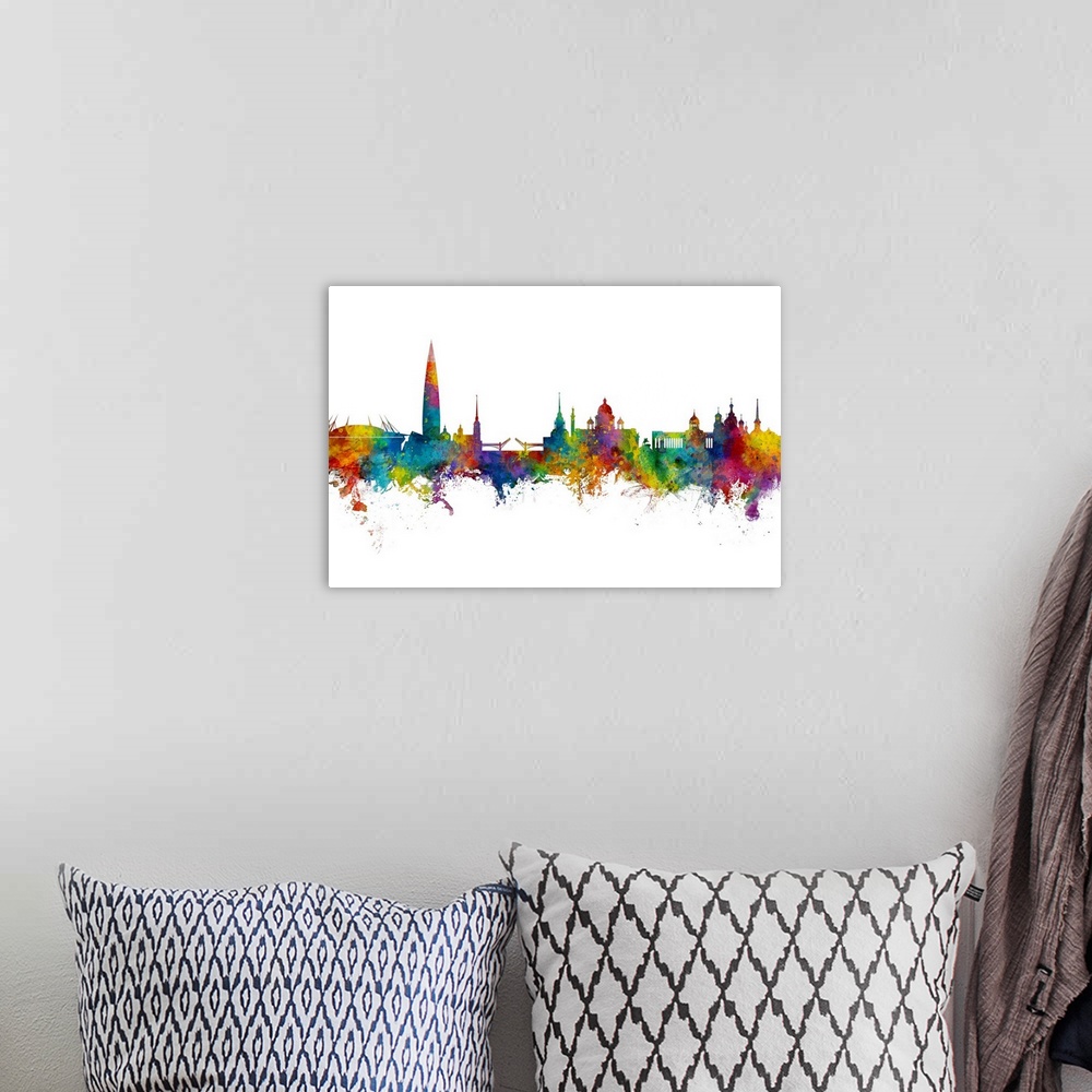 A bohemian room featuring Watercolor art print of the skyline of St Petersburg, Russia