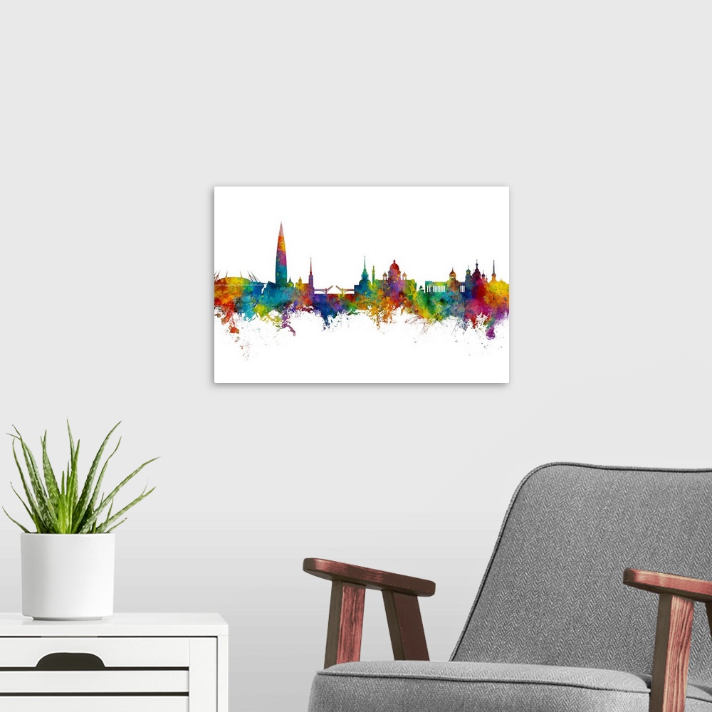 A modern room featuring Watercolor art print of the skyline of St Petersburg, Russia
