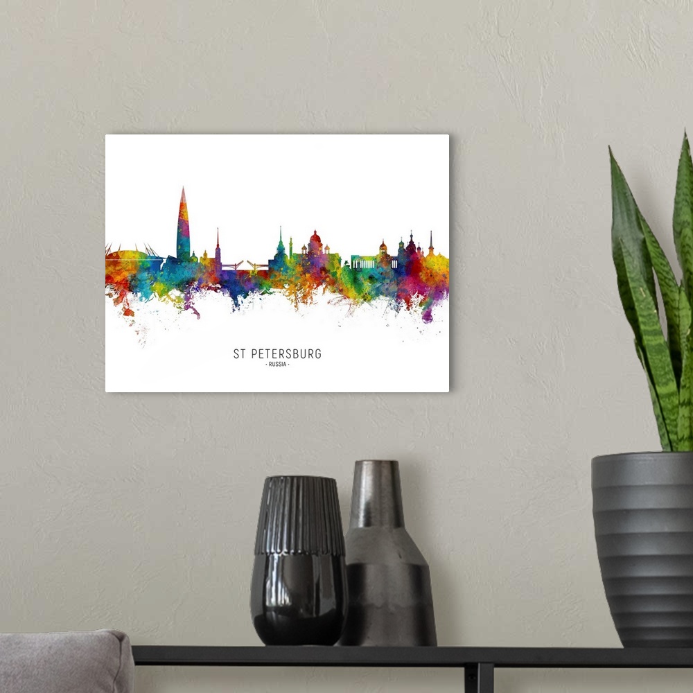A modern room featuring Watercolor art print of the skyline of St Petersburg, Russia