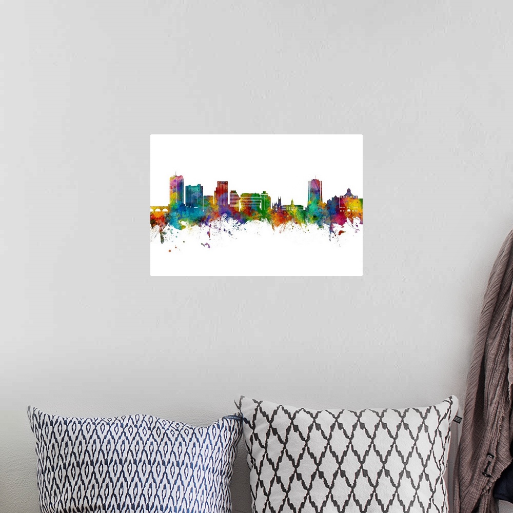 A bohemian room featuring Watercolor art print of the skyline of Stamford, Connecticut