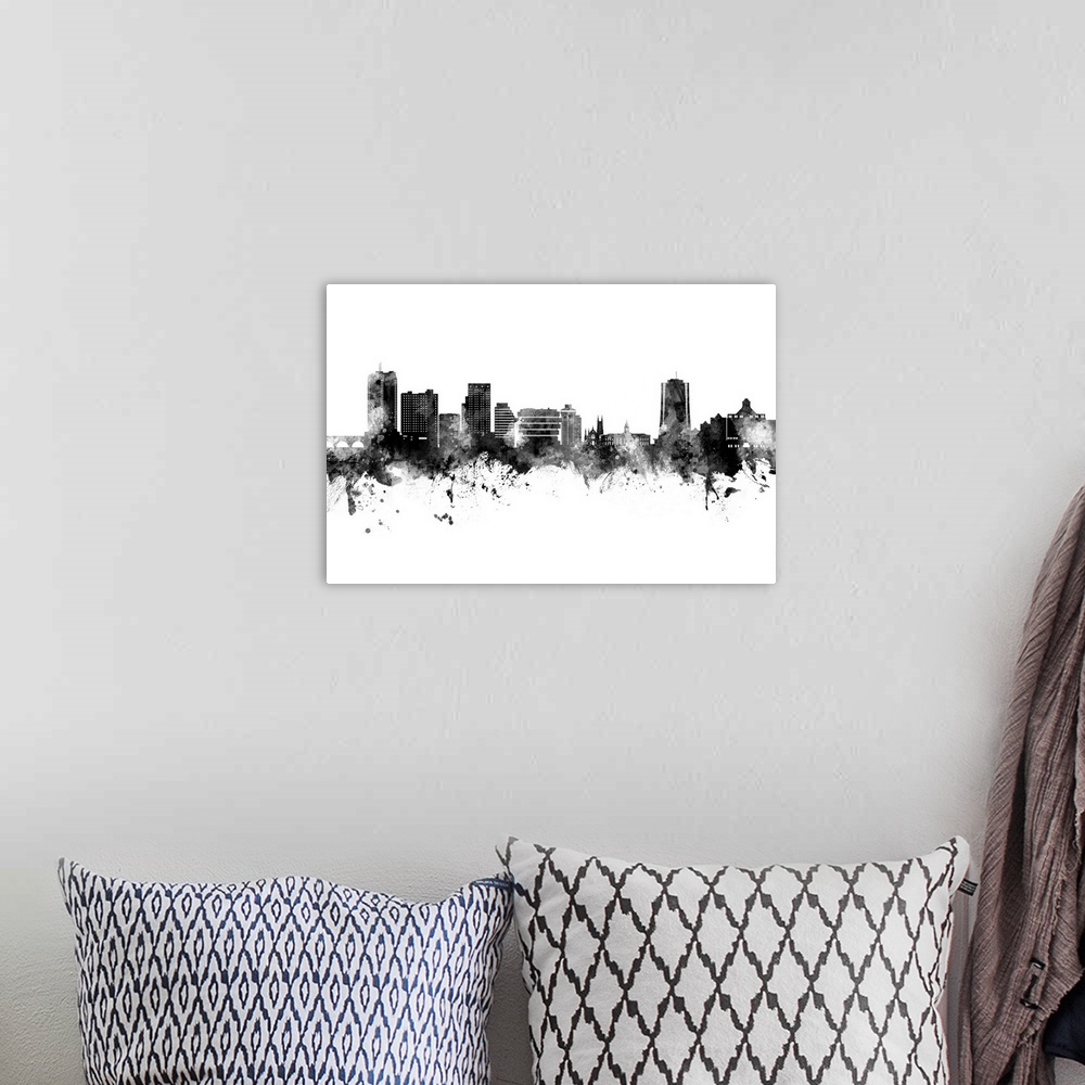 A bohemian room featuring Watercolor art print of the skyline of Stamford, Connecticut