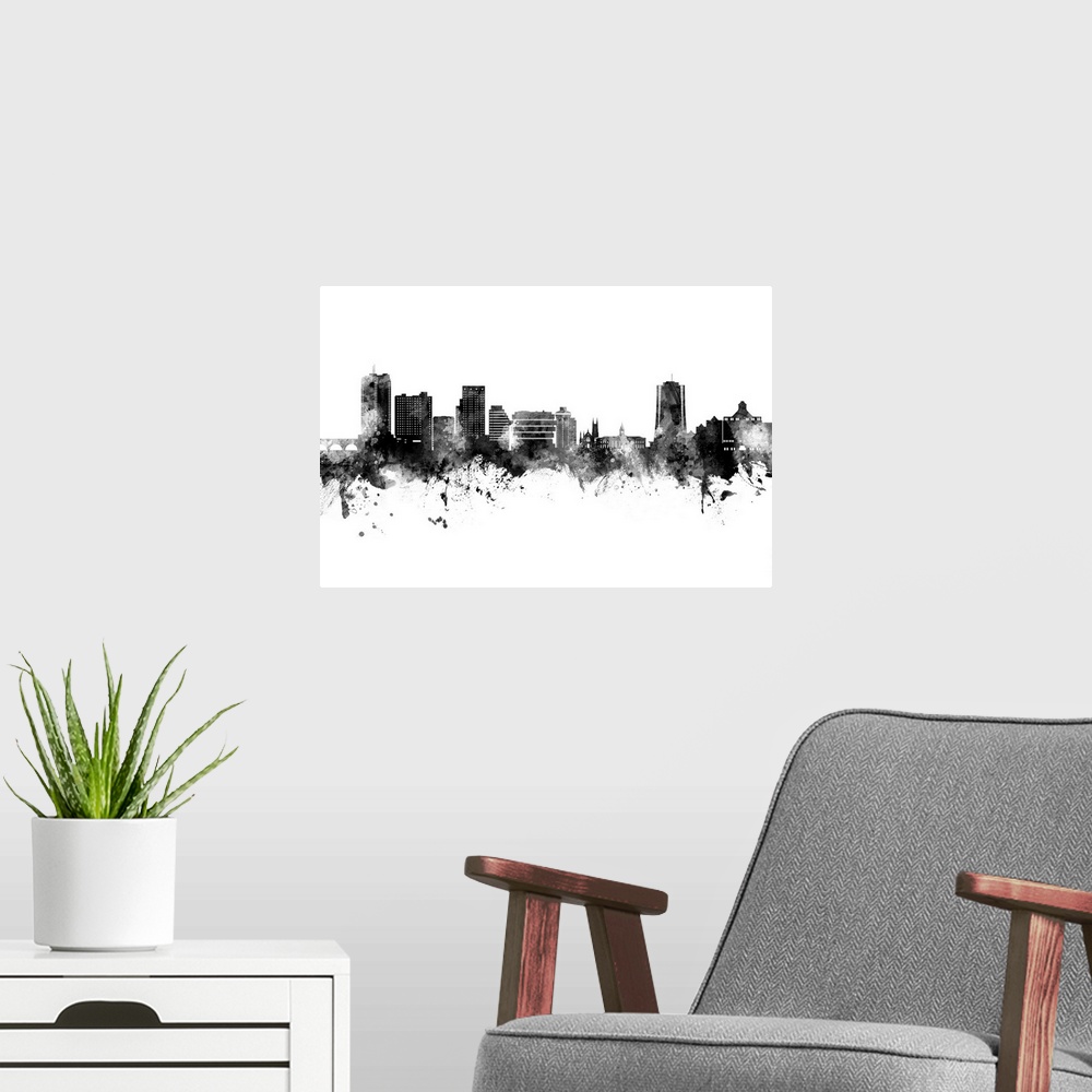 A modern room featuring Watercolor art print of the skyline of Stamford, Connecticut