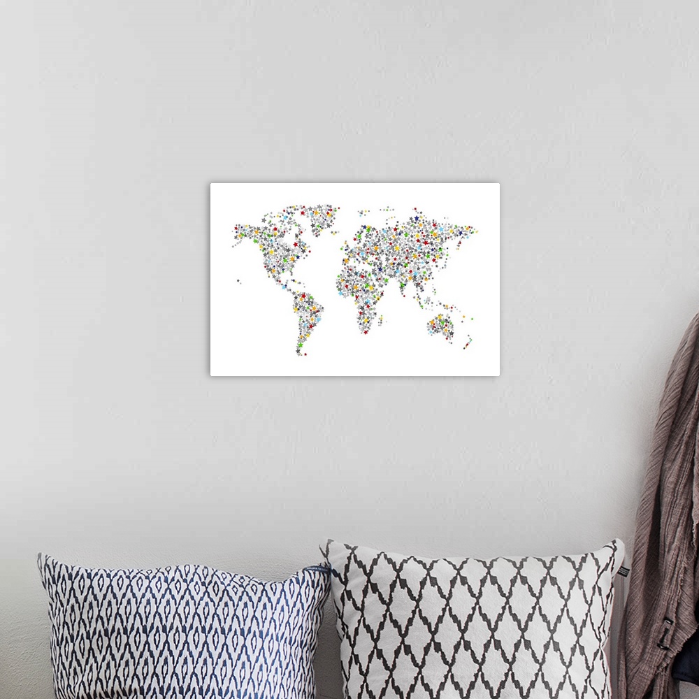 A bohemian room featuring Map of the World made from overlapping semi-transparent stars, on a white background.
