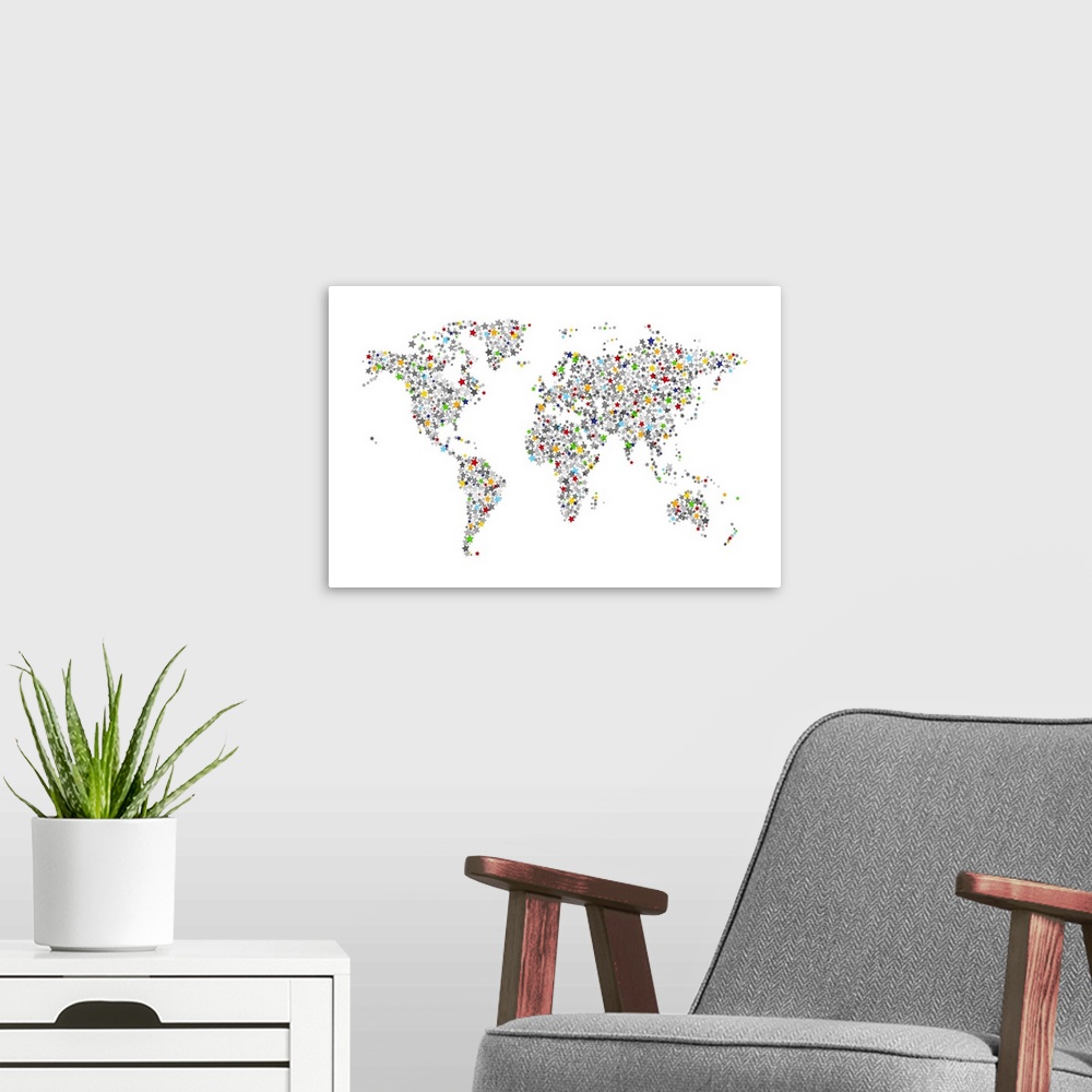 A modern room featuring Map of the World made from overlapping semi-transparent stars, on a white background.