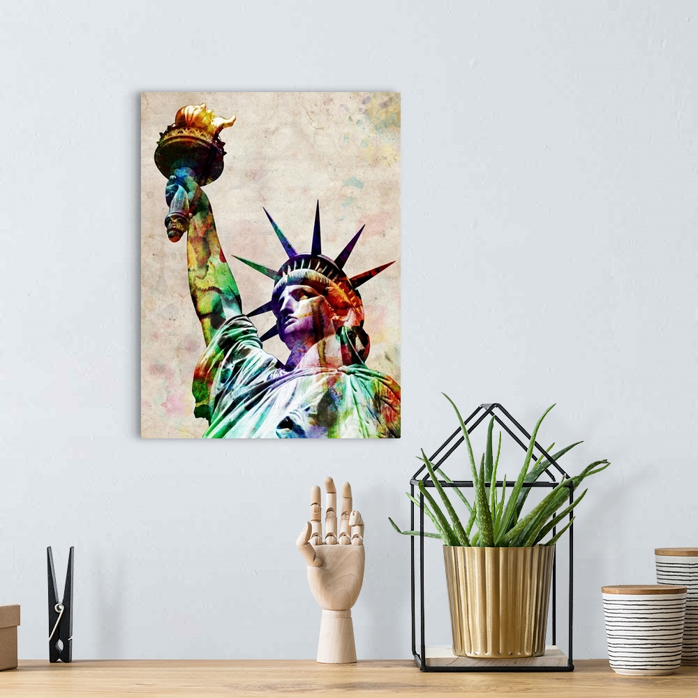 A bohemian room featuring The statue of liberty is filled in with various water colors showing her from the chest up.