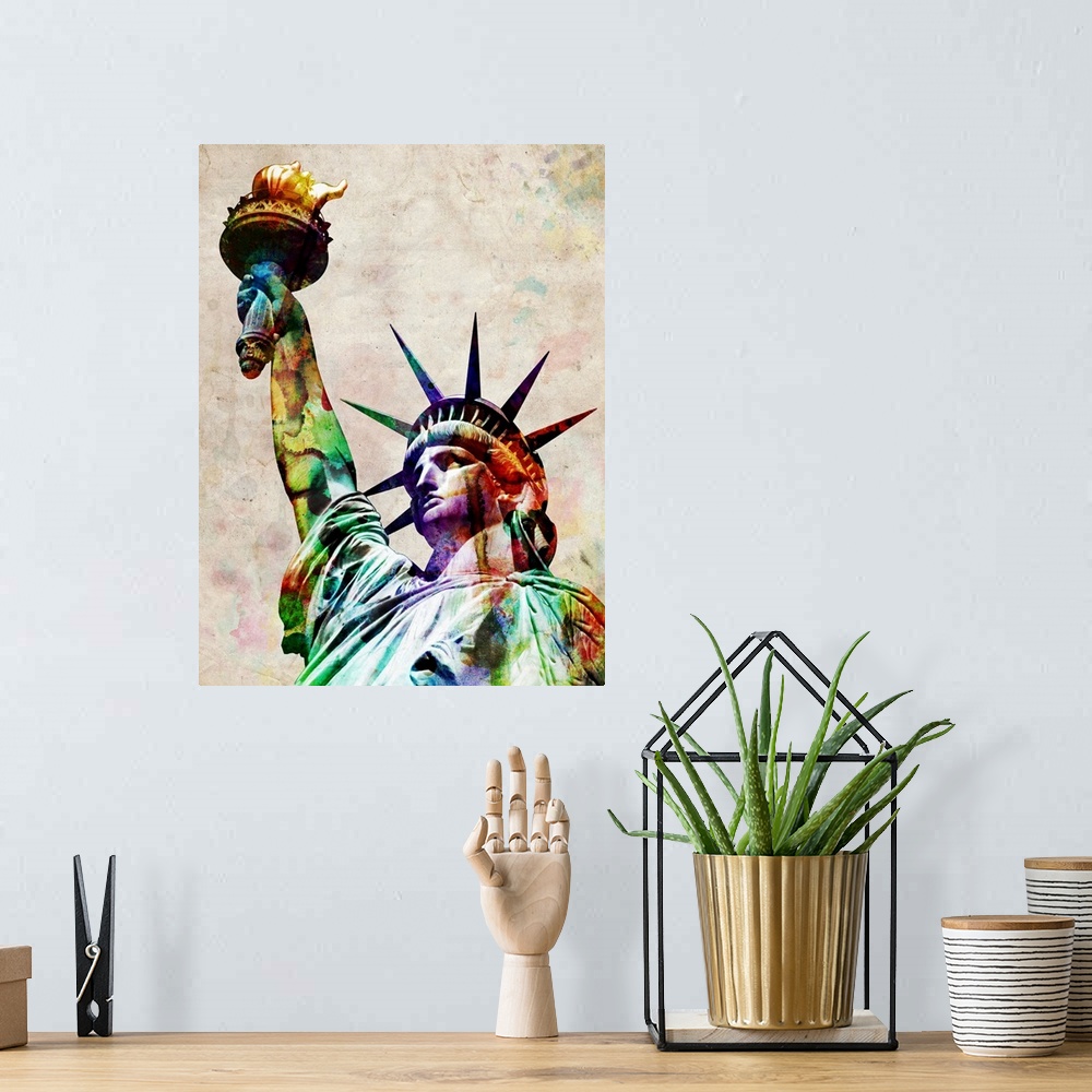 A bohemian room featuring The statue of liberty is filled in with various water colors showing her from the chest up.