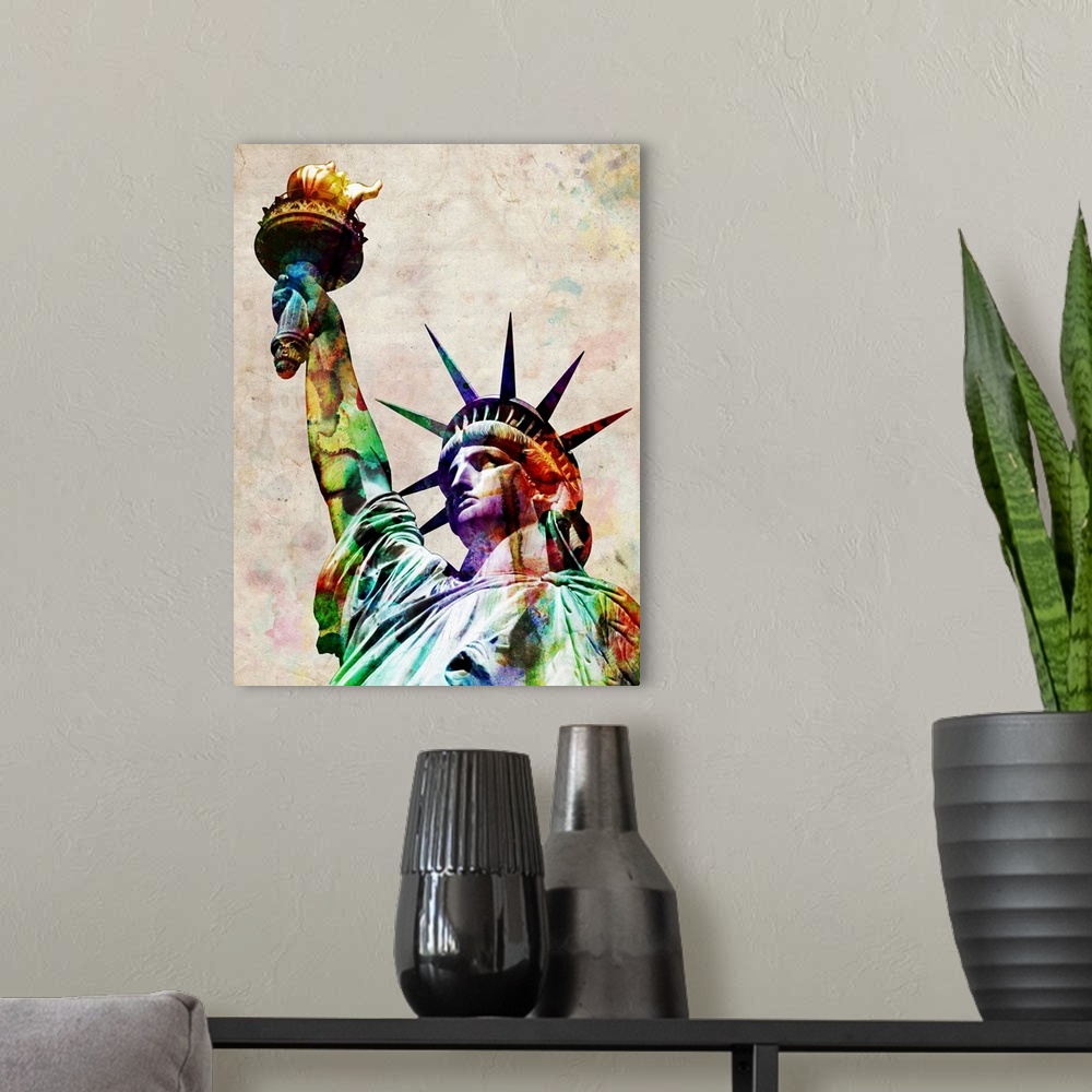 A modern room featuring The statue of liberty is filled in with various water colors showing her from the chest up.