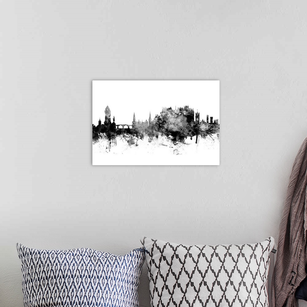 A bohemian room featuring Watercolor art print of the skyline of Stirling, Scotland, United Kingdom.