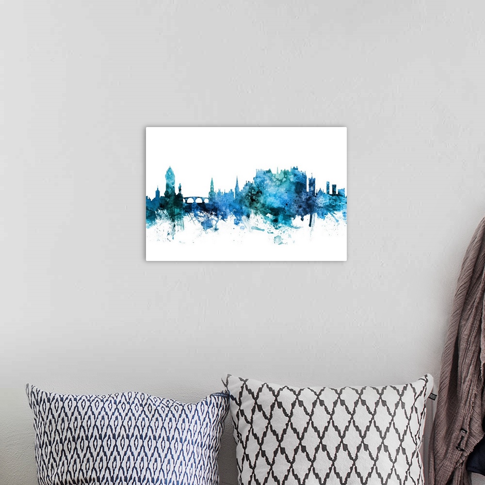 A bohemian room featuring Watercolor art print of the skyline of Stirling, Scotland, United Kingdom.