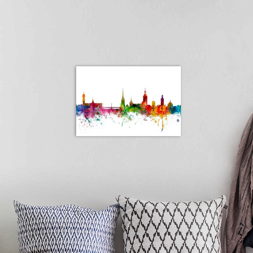 A bohemian room featuring Watercolor artwork of the Stockholm skyline against a white background.