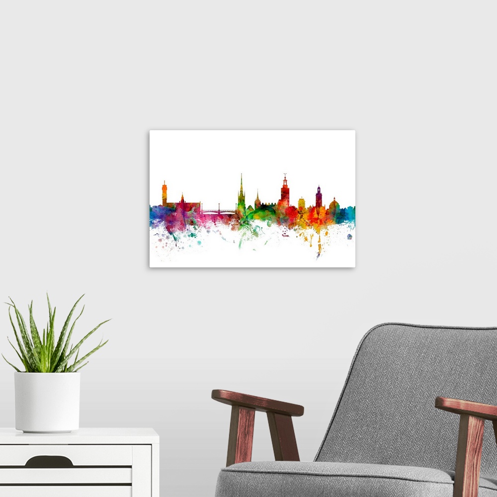 A modern room featuring Watercolor artwork of the Stockholm skyline against a white background.