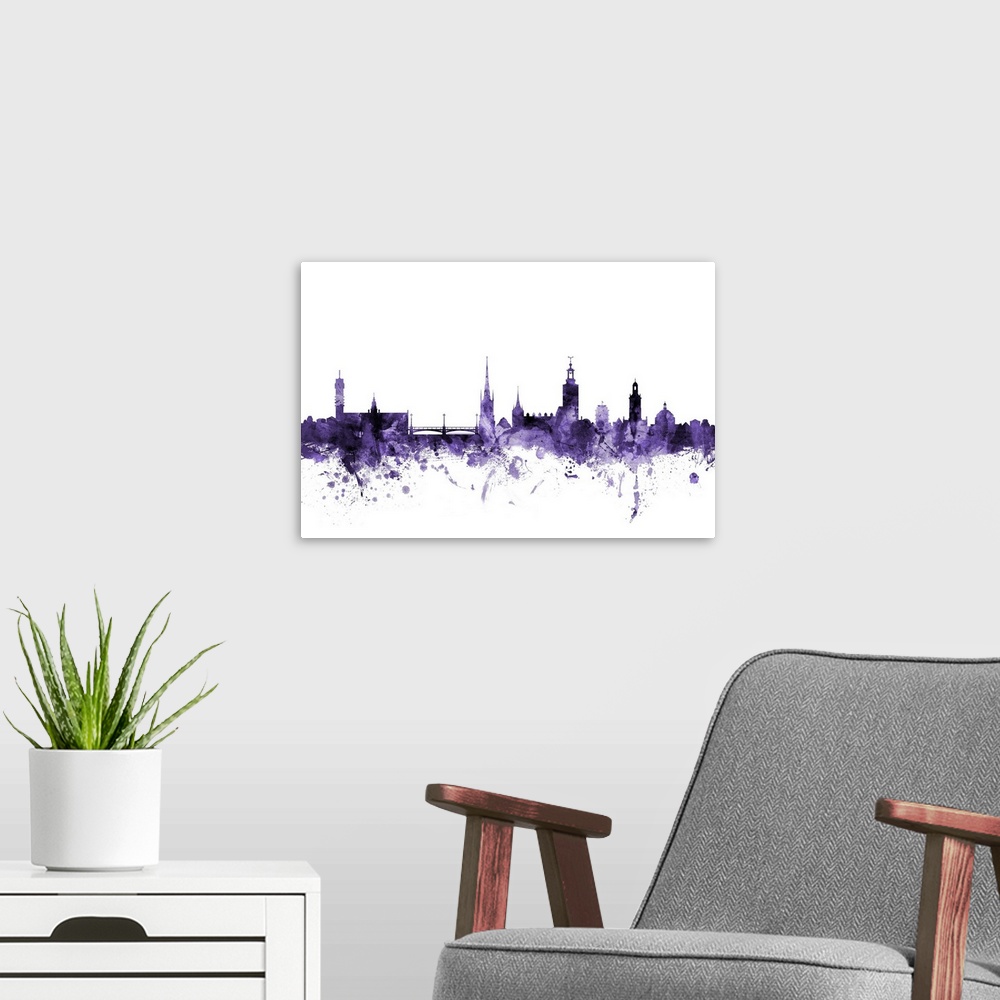 A modern room featuring Watercolor art print of the skyline of Stockholm, Sweden (Sverige)