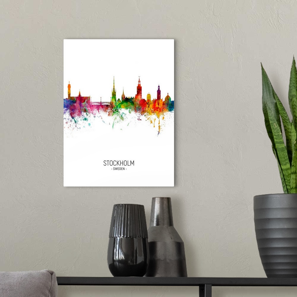 A modern room featuring Watercolor art print of the skyline of Stockholm, Sweden (Sverige).
