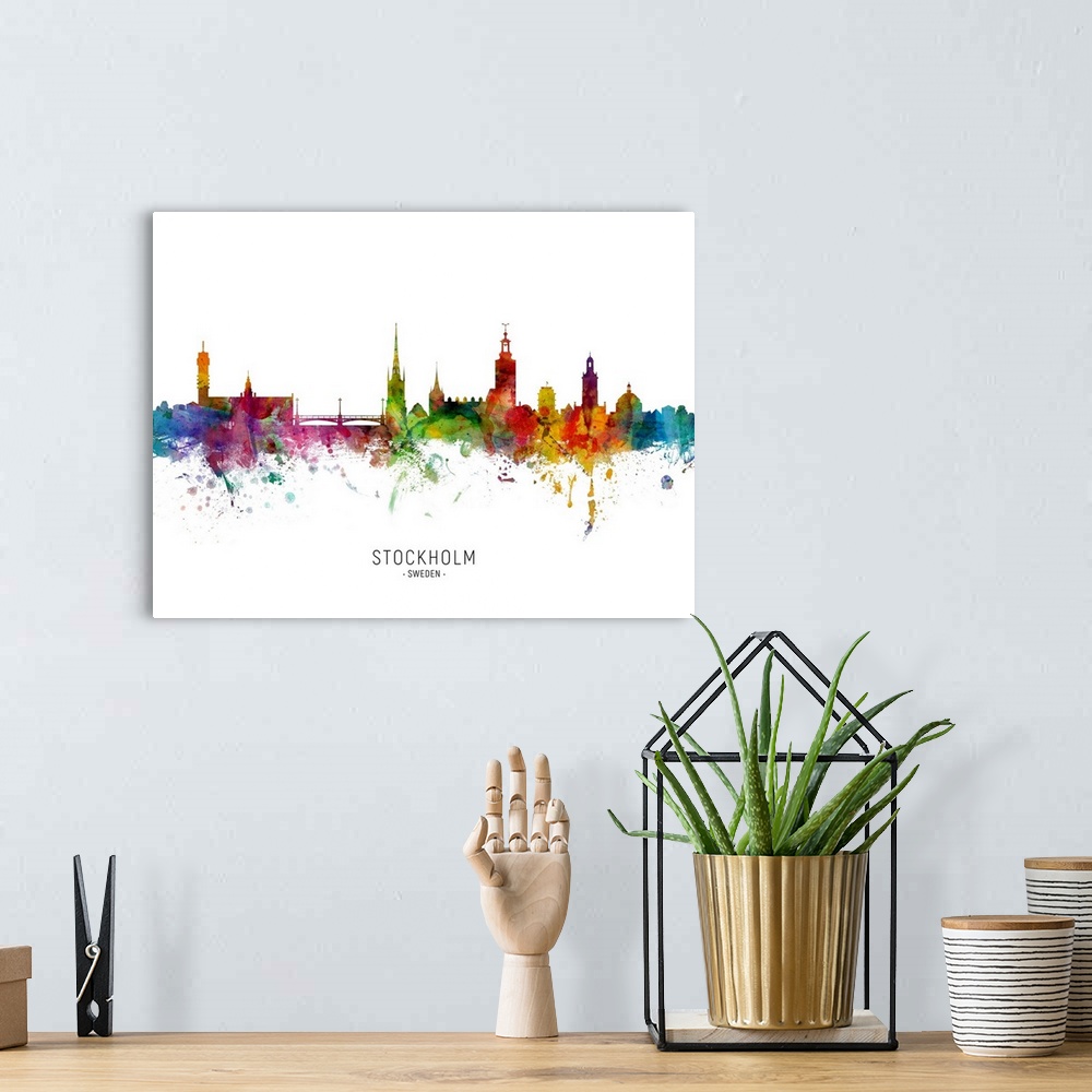 A bohemian room featuring Watercolor art print of the skyline of Stockholm, Sweden (Sverige).