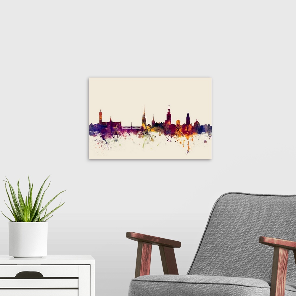 A modern room featuring Watercolor art print of the skyline of Stockholm, Sweden (Sverige).