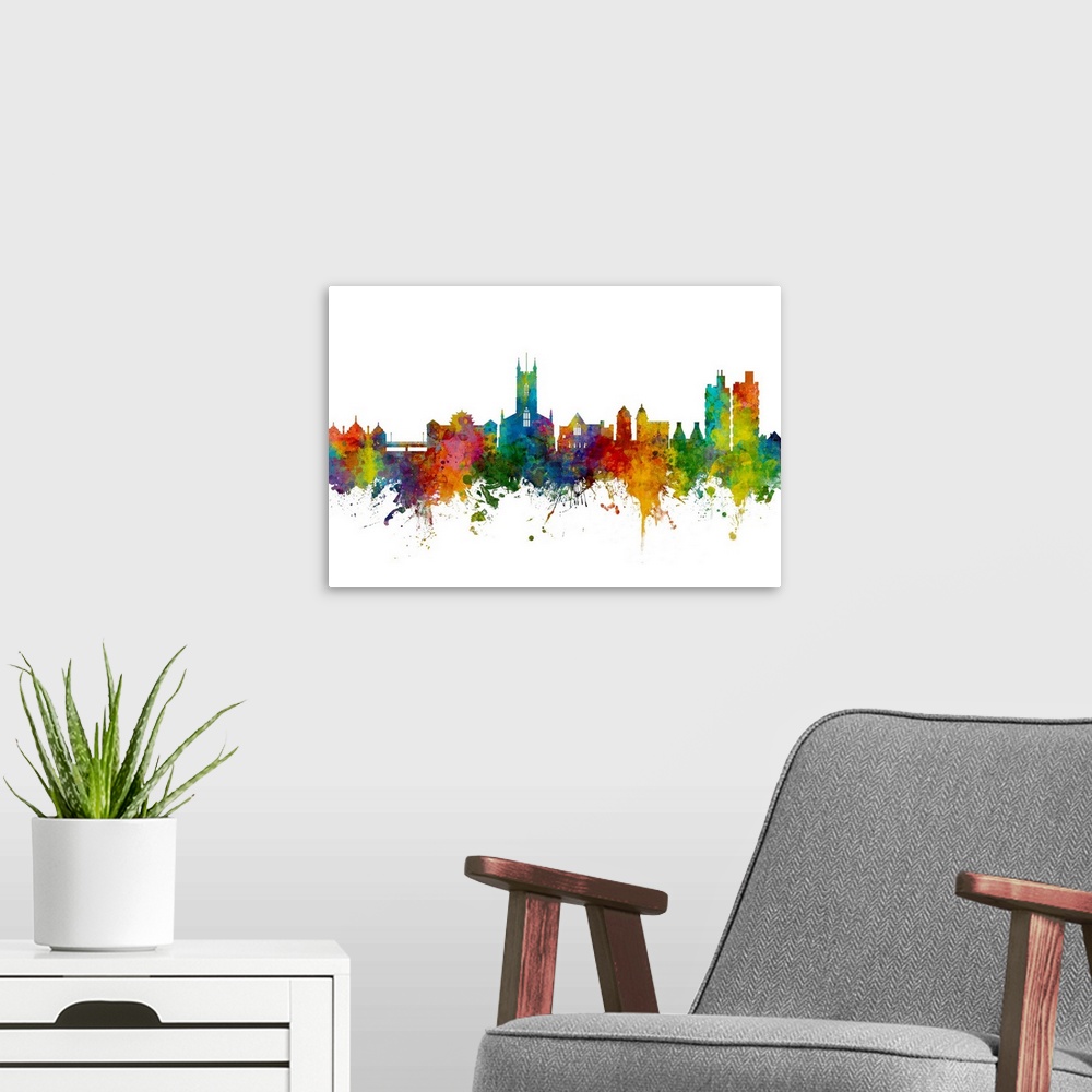 A modern room featuring Watercolor art print of the skyline of Stoke-on-Trent, England, United Kingdom.