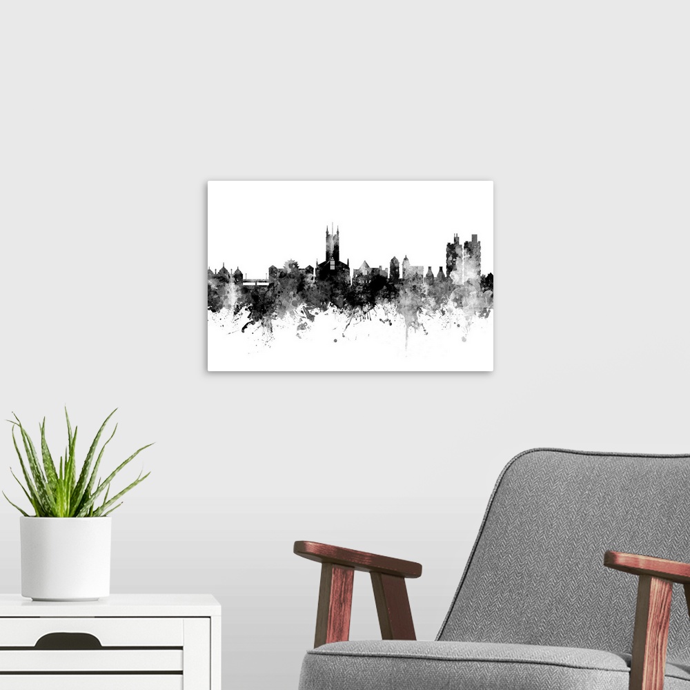 A modern room featuring Watercolor art print of the skyline of Stoke-on-Trent, England, United Kingdom.