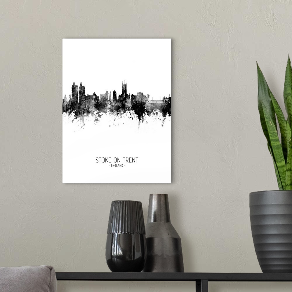 A modern room featuring Watercolor art print of the skyline of Stoke-on-Trent, England, United Kingdom