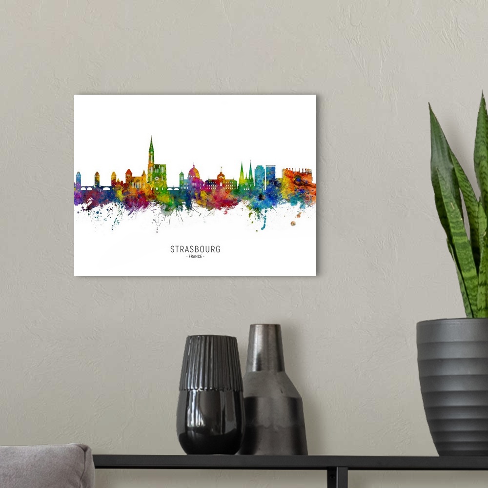 A modern room featuring Watercolor art print of the skyline of Strasbourg, France