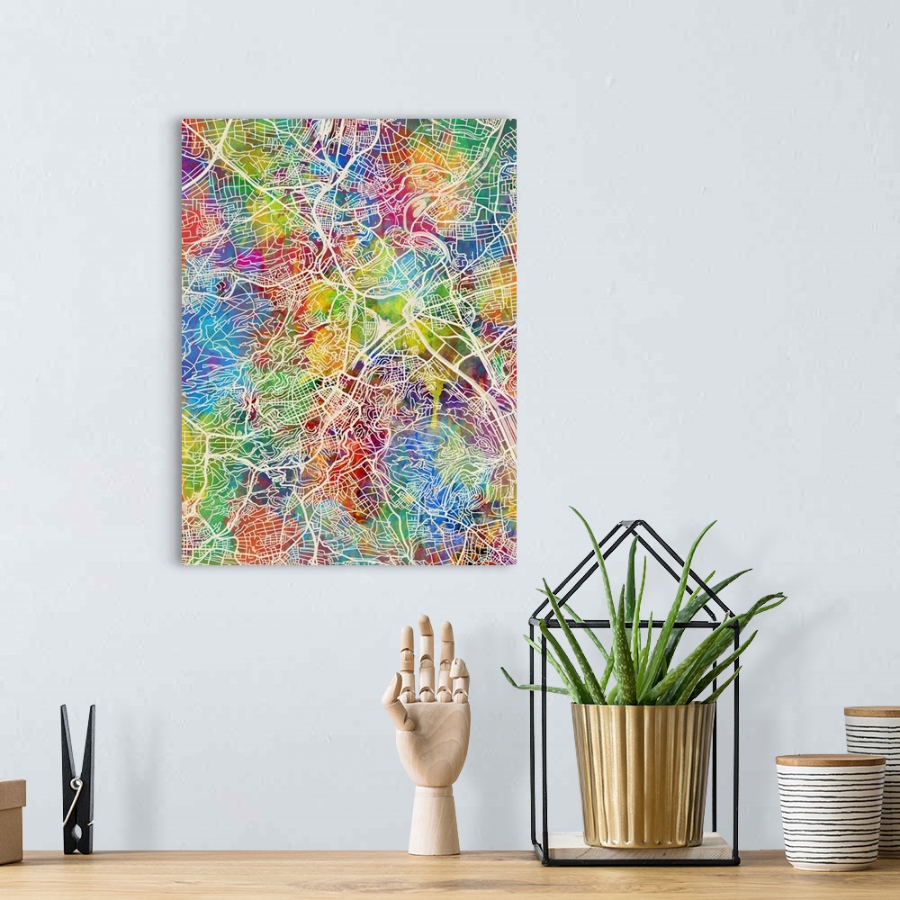 A bohemian room featuring Watercolor street map of Stuttgart, Germany.