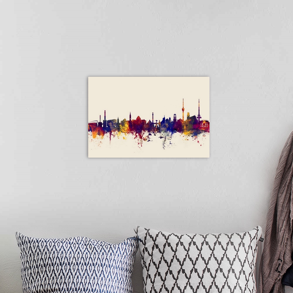 A bohemian room featuring Watercolor art print of the skyline of Stuttgart, Germany