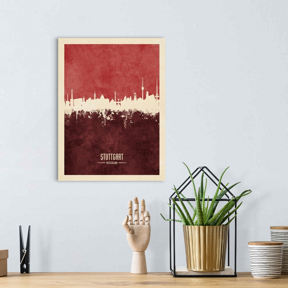 A bohemian room featuring Watercolor art print of the skyline of Stuttgart, Germany.