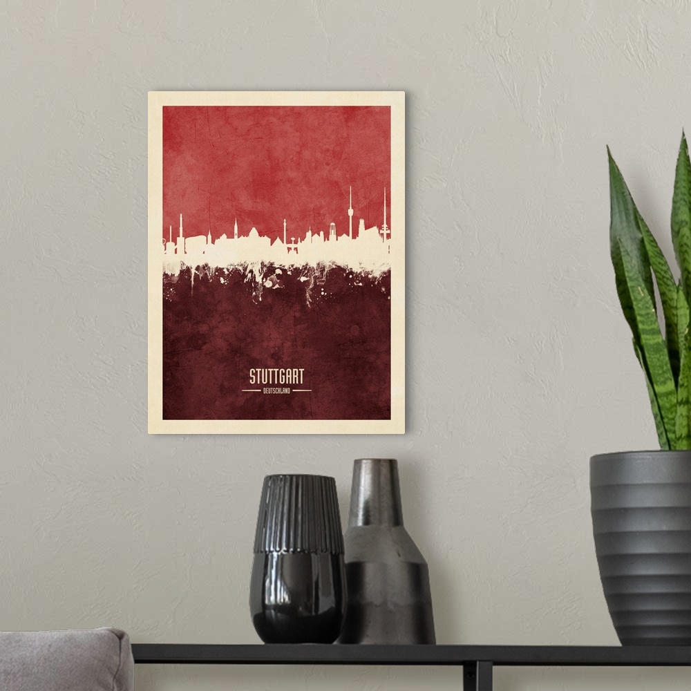 A modern room featuring Watercolor art print of the skyline of Stuttgart, Germany.