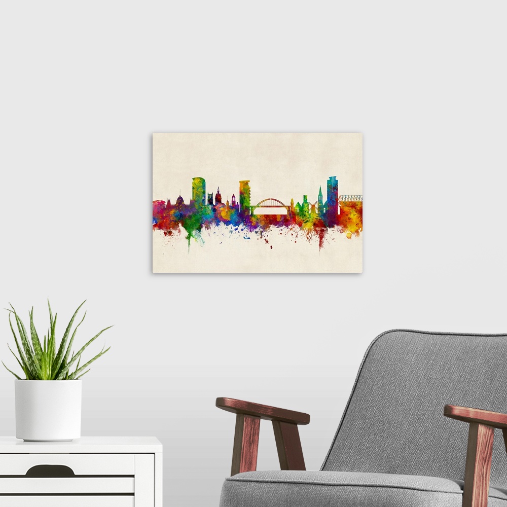 A modern room featuring Watercolor art print of the skyline of Sunderland, England, United Kingdom