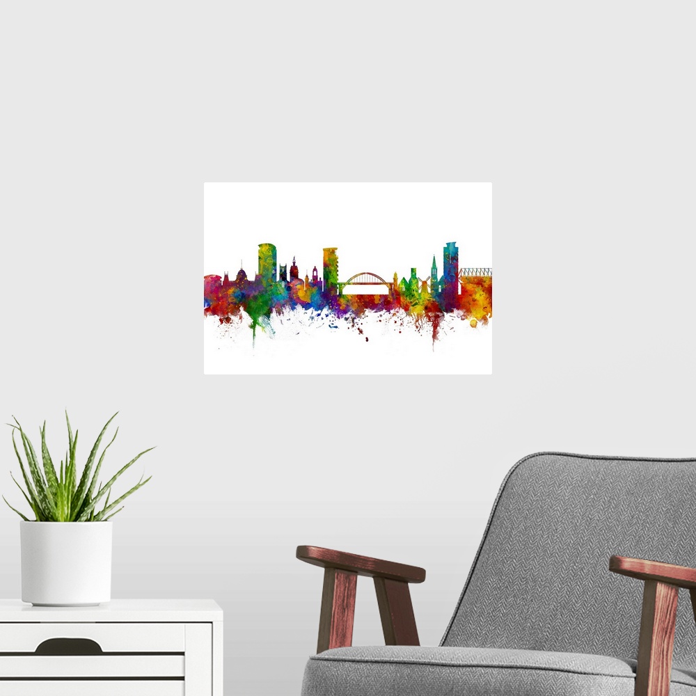 A modern room featuring Watercolor art print of the skyline of Sunderland, England, United Kingdom