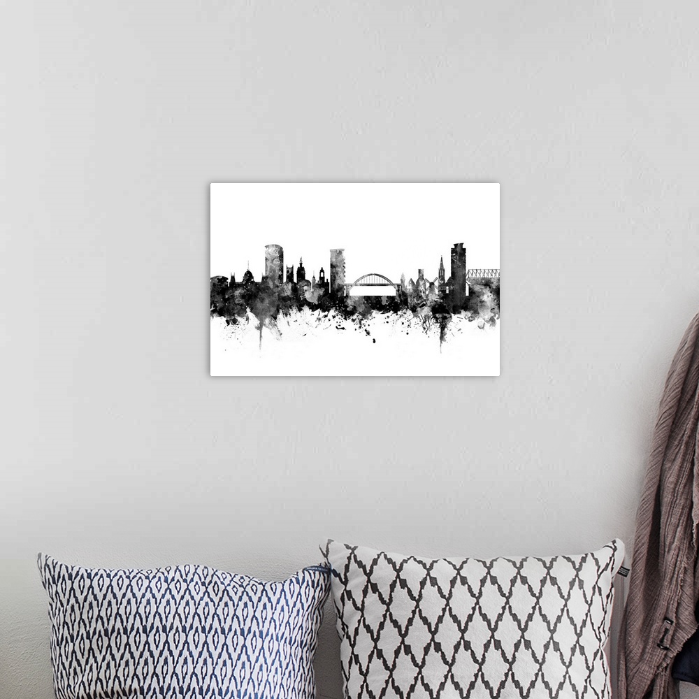 A bohemian room featuring Watercolor art print of the skyline of Sunderland, England, United Kingdom