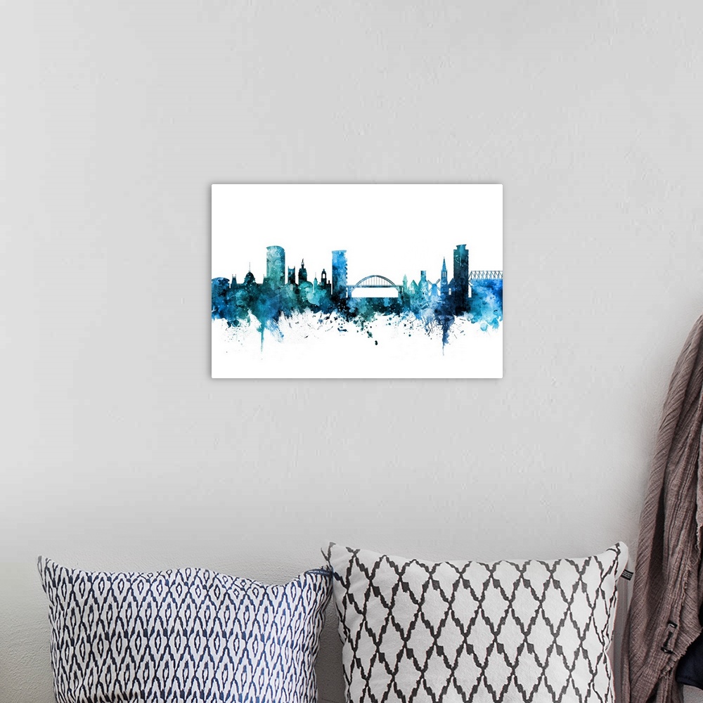 A bohemian room featuring Watercolor art print of the skyline of Sunderland, England, United Kingdom.