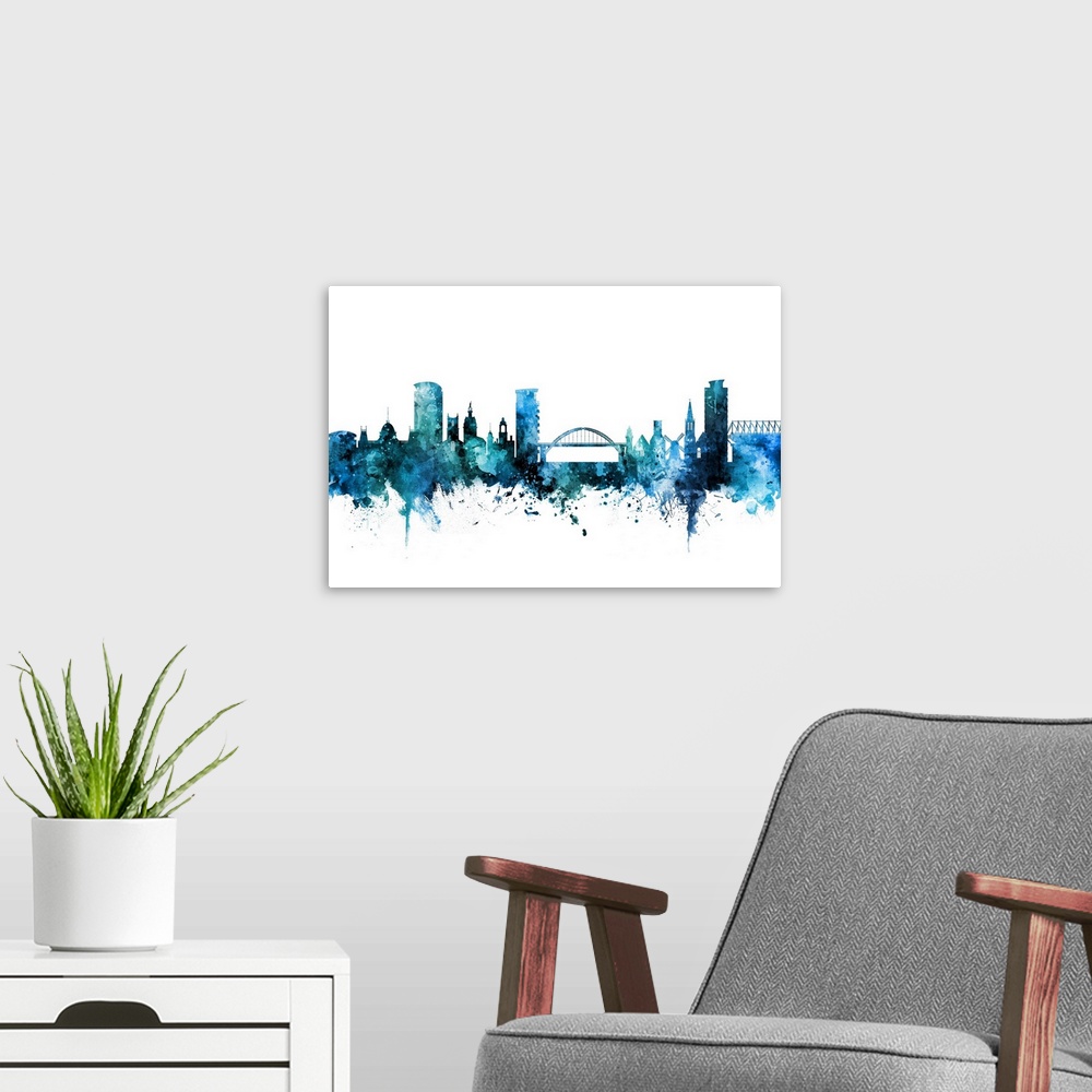 A modern room featuring Watercolor art print of the skyline of Sunderland, England, United Kingdom.