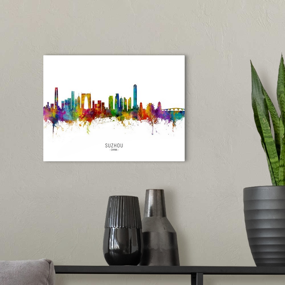 A modern room featuring Watercolor art print of the skyline of Suzhou, China