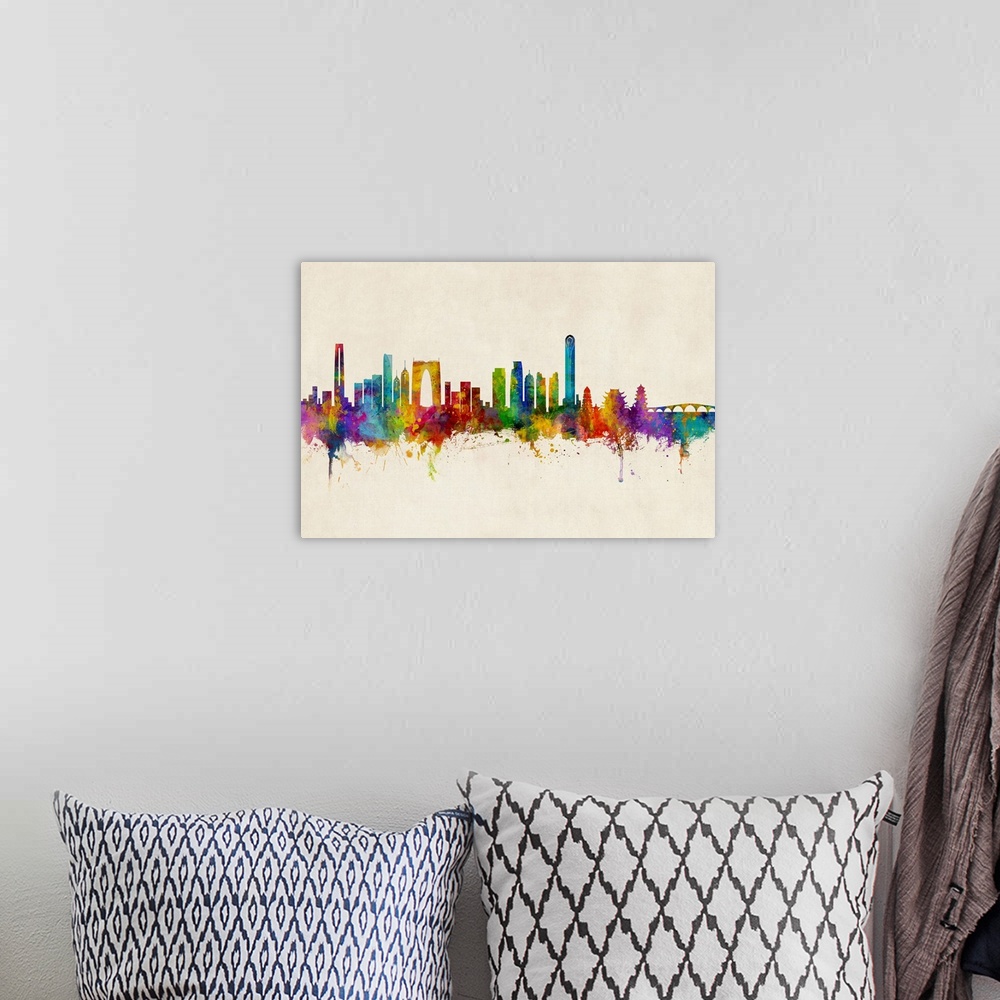 A bohemian room featuring Watercolor art print of the skyline of Suzhou, China