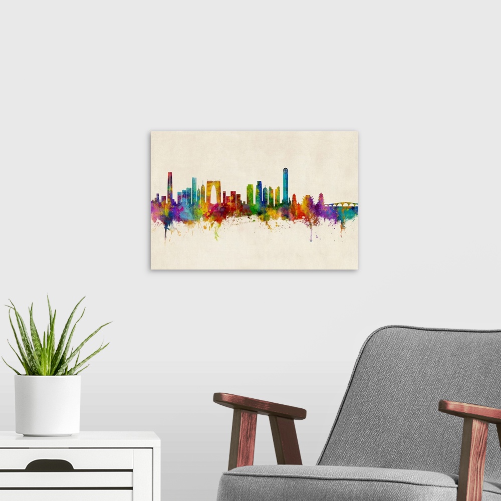 A modern room featuring Watercolor art print of the skyline of Suzhou, China